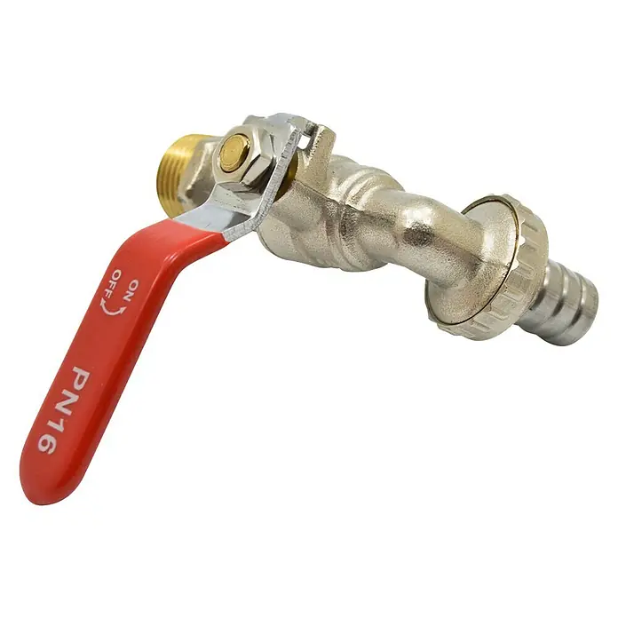 Llave de paso - Dimensión conexión: ¾″/½″, Latón - Grifo de manguera de jardín de latón con mango rojo y marcaje "PN16" para uso exterior.