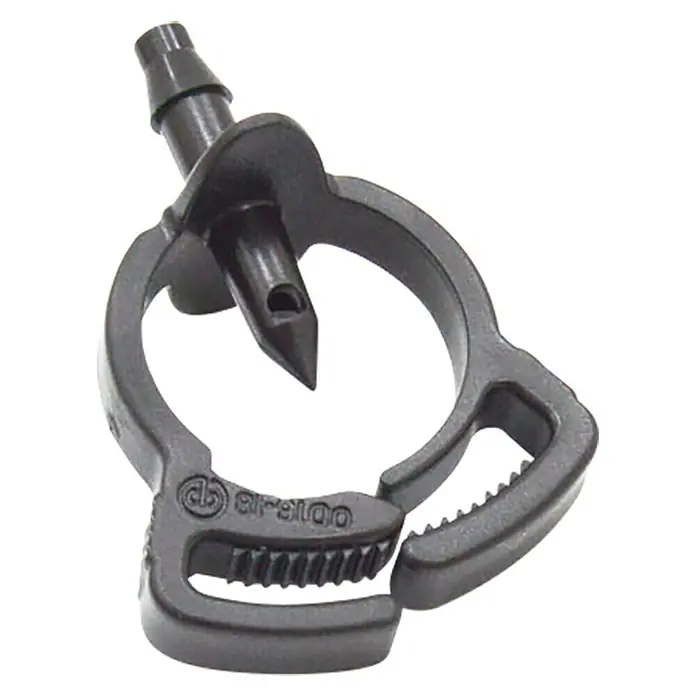 Abrazadera para tubo Seguridad - Diámetro: 4 mm, 10 ud. - Primer plano de un conector de riego negro. El producto de riego está hecho de material plástico duradero.