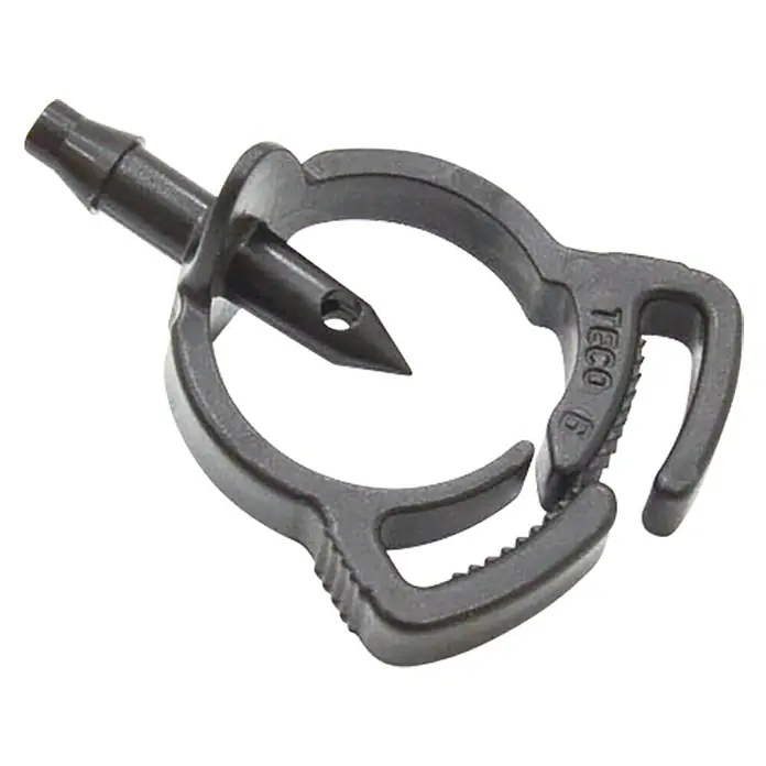 Abrazadera para tubo Seguridad - Diámetro: 4 mm, 10 ud. - Primer plano de una abrazadera de manguera negra TECO 6, que muestra una herramienta práctica y robusta para asegurar mangueras.