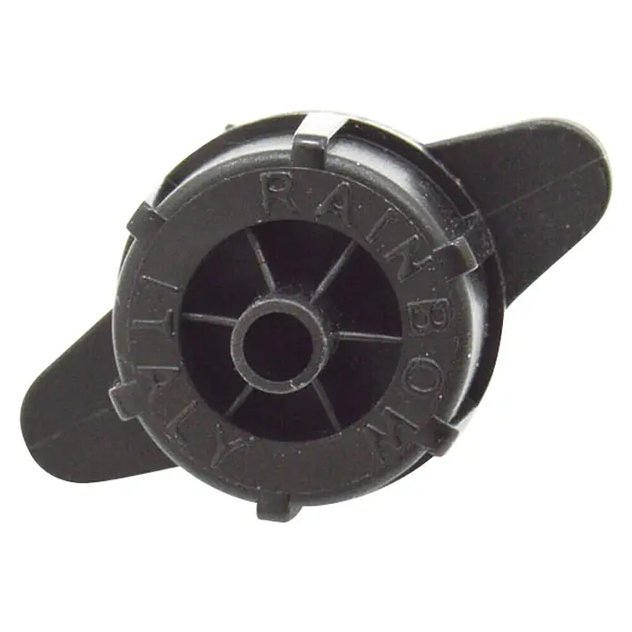 Gotero lineal Autocompensado - 4 l/h, 5 ud. - Primer plano de un regulador de riego Rainbird negro utilizado en sistemas de riego de jardines.