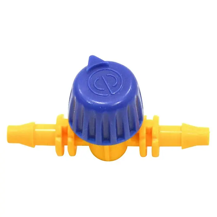 Llave de paso - 4 mm, Específico para: Microtubo de sistemas de riego por goteo - Primer plano de una mini válvula de cierre amarilla y azul. Ideal para el control preciso del caudal en sistemas de riego y fluidos.