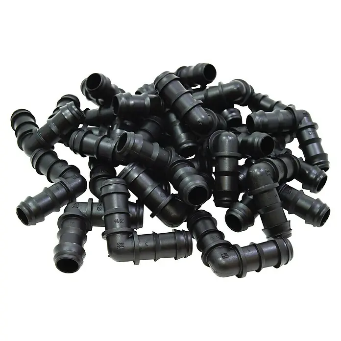Codo goteo - Diámetro: 16 mm, Plástico, 50 ud. - Montón de racores de codo de plástico negro para sistemas de riego. Estos conectores duraderos son ideales para el jardín.