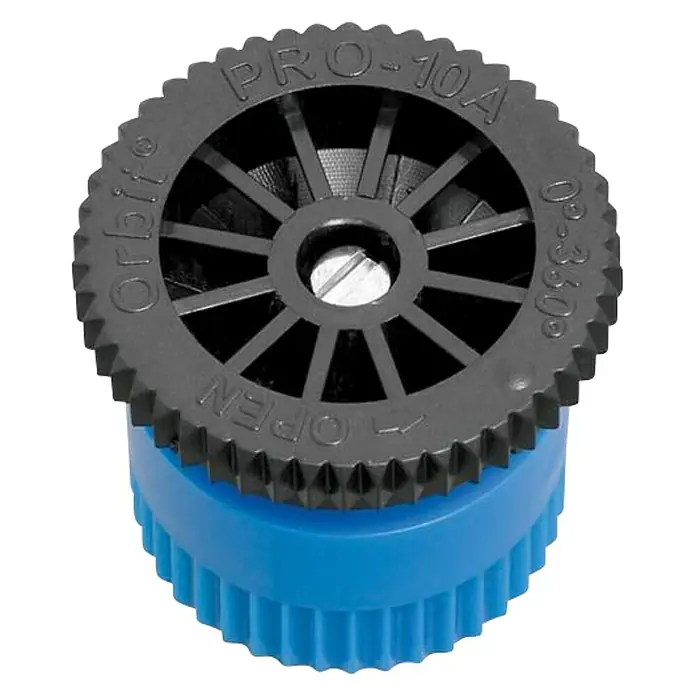 Tobera pulverizadora para difusor - 1 ud., Formas de riego: 360° - Primer plano de una boquilla de aspersor Orbit Pro-10A, ideal para un riego preciso. La base azul y el dial de ajuste negro permiten una fácil personalización.
