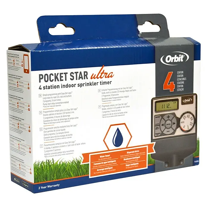 Orbit Programador de riego Digital - Número de tiempos de regadío: Hasta 12 veces al día - Orbit Pocket Star Ultra: programador de riego interior de 4 estaciones, con programación fácil y pantalla LCD grande.