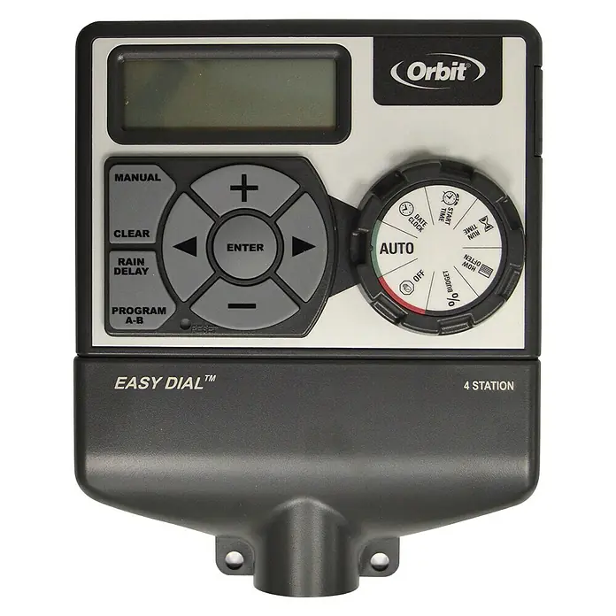 Orbit Programador de riego Digital - Número de tiempos de regadío: Hasta 12 veces al día - El sistema de riego Orbit Easy Dial de 4 estaciones con una pantalla digital y un dial rotatorio para un fácil control de los ajustes de riego.