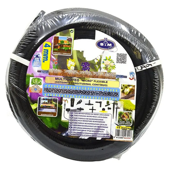 Manguera microporosa Localizada - Ø x L: 4 mm x 15 m - Tubo microporoso de riego, 4 mm de diámetro, 15 metros de largo, ideal para riego localizado y ahorro de agua en el jardín.