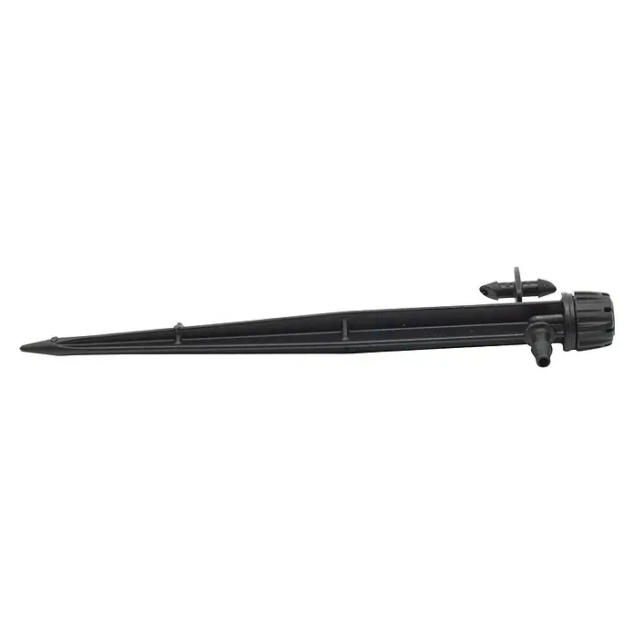 Gotero lineal con regulador y estaca - 25 ud., Caudal de agua máx.: 70 l/h - Primer plano de una estaca de riego negra con flujo ajustable, diseñada para un riego preciso del jardín.