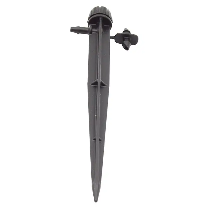 Gotero lineal con regulador y estaca - 25 ud., Caudal de agua máx.: 70 l/h - Primer plano de un pico de riego negro con control de flujo ajustable y punta para una fácil instalación en el suelo.