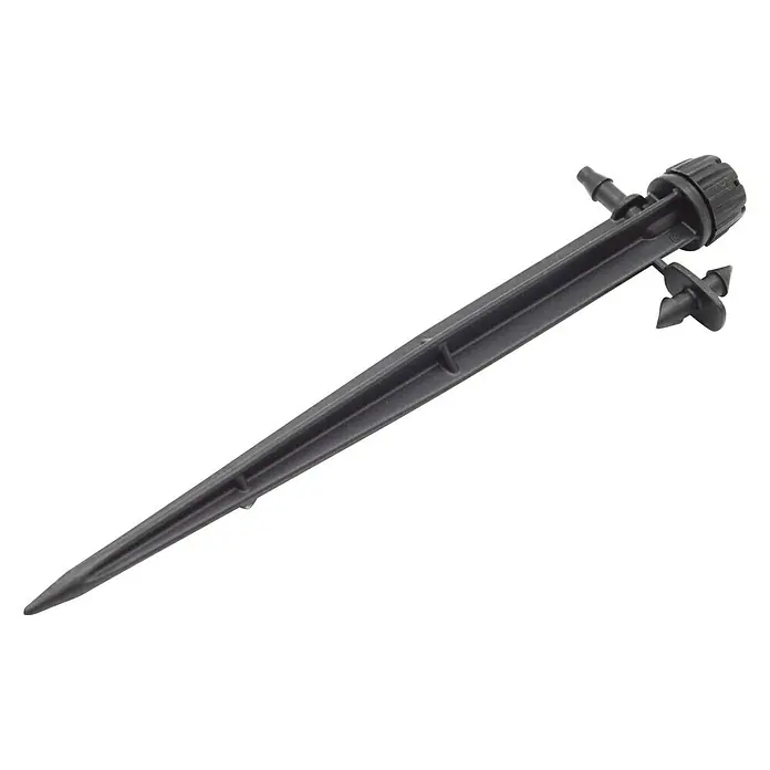 Gotero lineal con regulador y estaca - 25 ud., Caudal de agua máx.: 70 l/h - La imagen muestra una púa de riego negra para riego de jardines con flujo de agua ajustable, ideal para el riego de plantas.