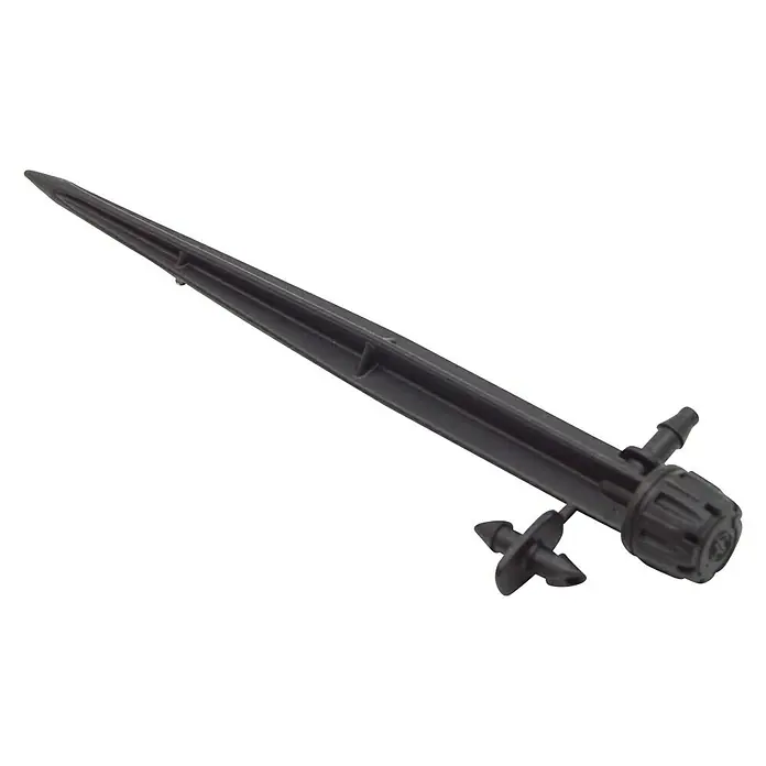 Gotero lineal con regulador y estaca - 25 ud., Caudal de agua máx.: 70 l/h - Primer plano de un pico de riego negro utilizado para el riego dirigido en el jardín. Sistema de riego para plantas.