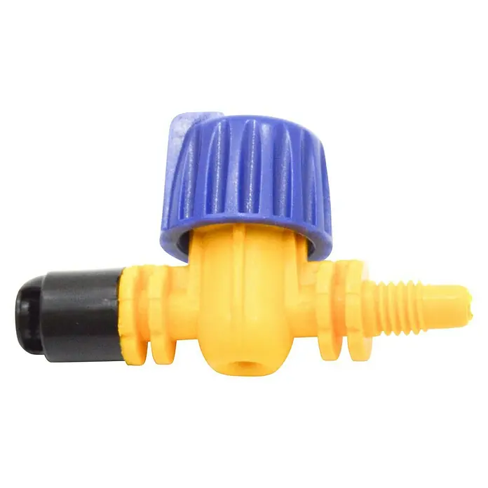 Tobera pulverizadora microdifusora 90º L/H 77 - 3 ud., Formas de riego: 90° - Imagen de una boquilla de pulverización de plástico amarilla con mango azul y punta negra. Ideal para jardinería y riego.