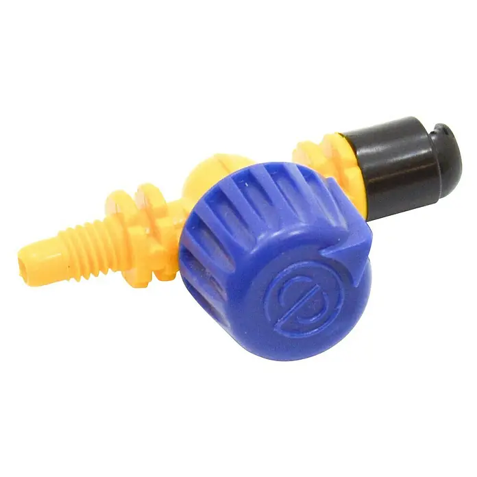 Tobera pulverizadora microdifusora 90º L/H 77 - 3 ud., Formas de riego: 90° - Válvula de riego amarilla y azul con tapón negro. Para un flujo de agua preciso y fiable.