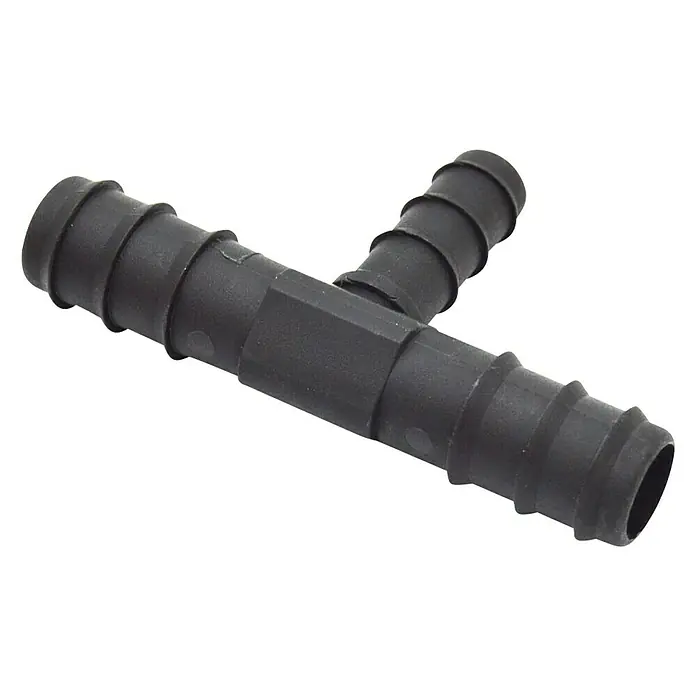 Pieza T goteo reducida - 16 mm, 2 ud. - Conector de manguera de plástico negro en forma de Y, adecuado para diversas conexiones de mangueras.