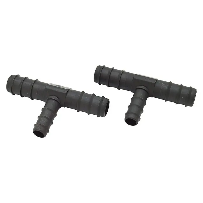 Pieza T goteo reducida - 16 mm, 2 ud. - Imagen de dos conectores de manguera en forma de T de color negro, componentes esenciales para sistemas de mangueras.