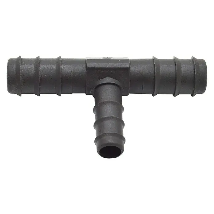 Pieza T goteo reducida - 16 mm, 2 ud. - Conector en T de plástico negro para unir mangueras o tubos. Es un producto de instalación simple y rentable.