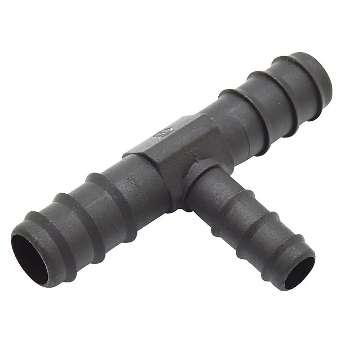 Pieza T goteo reducida - 16 mm, 2 ud. - Racord en T de plástico negro con extremos acanalados para conexiones de mangueras en sistemas de fontanería.