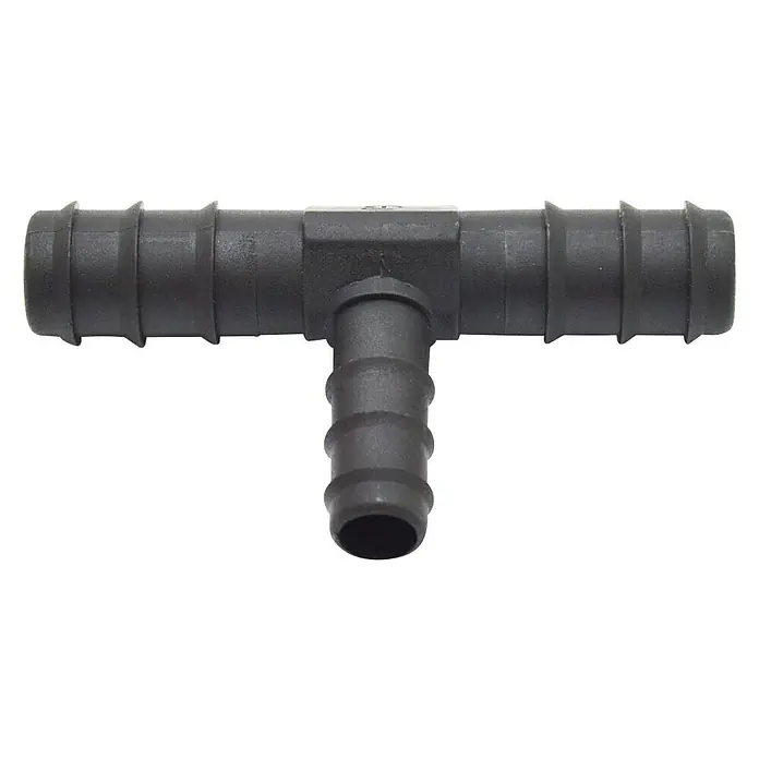 Pieza T goteo reducida - 16 mm, 2 ud. - Conector en T de plástico negro para mangueras, ideal para sistemas de riego y diversas aplicaciones.