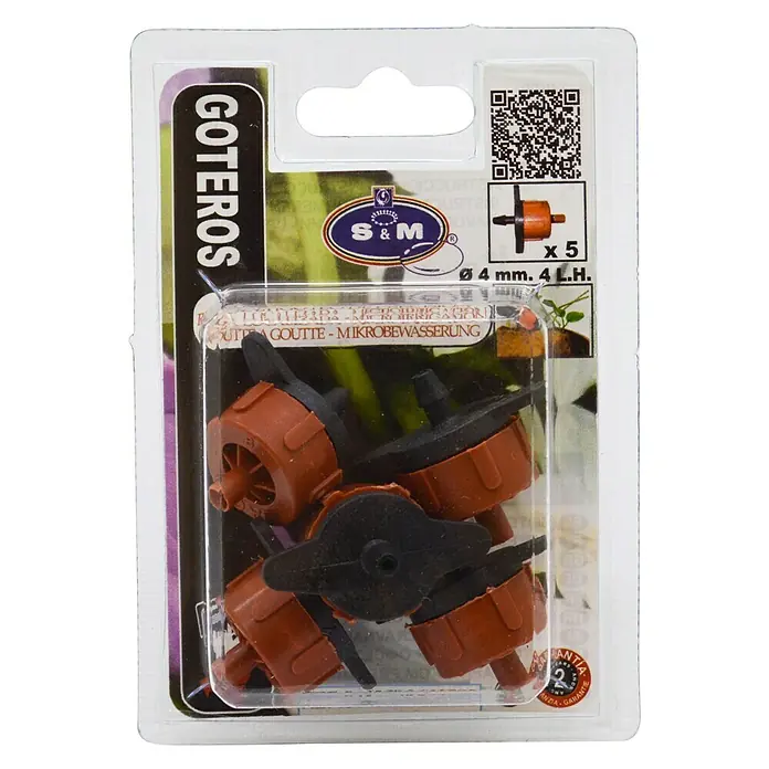 Gotero lineal regulable Autocompensado - 5 ud., Caudal de agua máx.: 4 l/h, Diámetro: 4 mm - Primer plano de un paquete con goteros para riego, ideal para la jardinería.