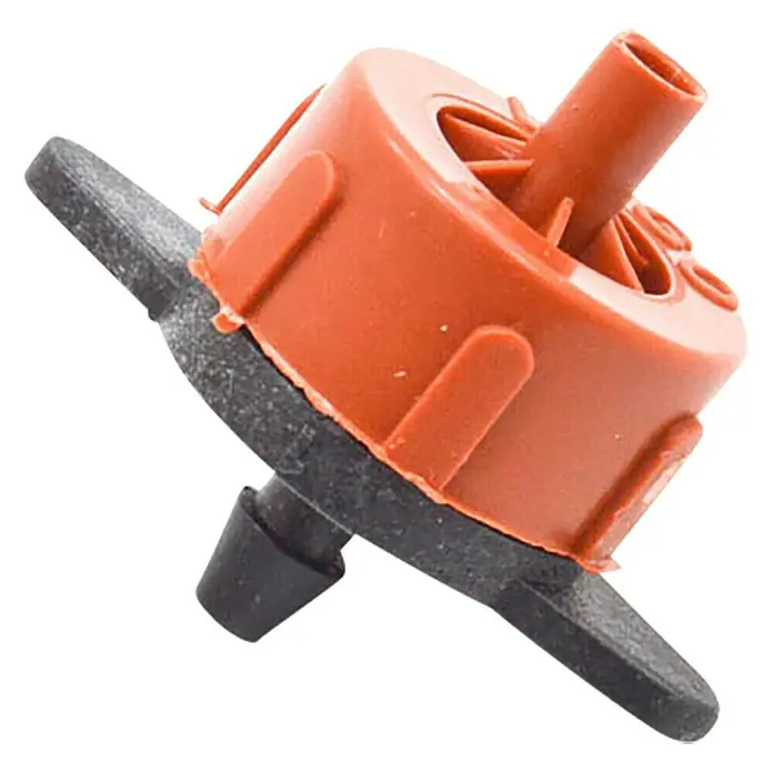 Gotero lineal regulable Autocompensado - 5 ud., Caudal de agua máx.: 4 l/h, Diámetro: 4 mm - Primer plano de un gotero de riego, con un cabezal naranja y una estaca negra para la inserción en el suelo.
