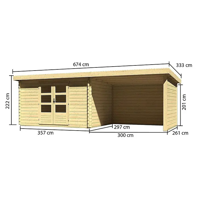 Karibu Gartenhaus Bastrup 7 - Außenmaß inkl. Dachüberstand (B x T): 674,5 x 333 cm, Holz, Natur, Mit Anbaudach, Seiten- und Rückwand - Die Abmessungen der Holzgartenlaube sind in Zentimetern angegeben. Sie zeigt die Höhe, Breite und Tiefe der Struktur mit überdachtem Anbau.