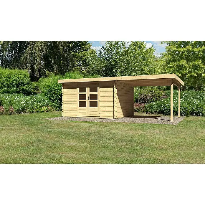 Karibu Gartenhaus Bastrup 7 - Außenmaß inkl. Dachüberstand (B x T): 674 x 333 cm, Holz, Natur, Mit Seitendach - Ein helles Gartenhaus mit überdachtem Bereich, ideal für Lagerung oder als Unterstand im Freien.