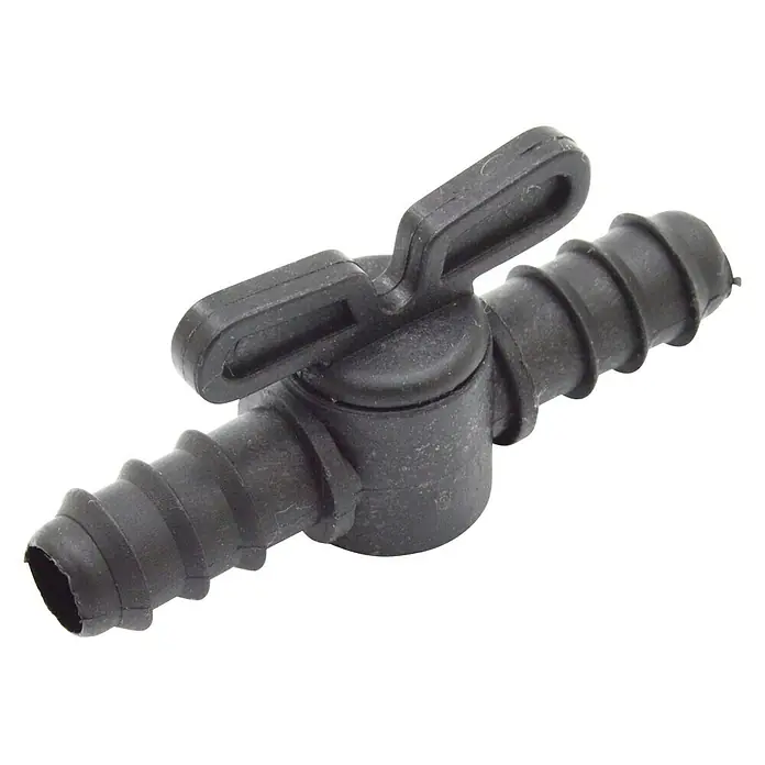 Llave de paso goteo - Diámetro conexión: 16 mm - Válvula de cierre de plástico negro con extremos acanalados y palanca para controlar el flujo de fluido.