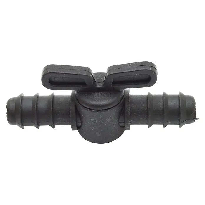 Llave de paso goteo - Diámetro conexión: 16 mm - Una válvula de riego negra con accesorios de púas en cada extremo y una maneta de mariposa para controlar el flujo de agua.