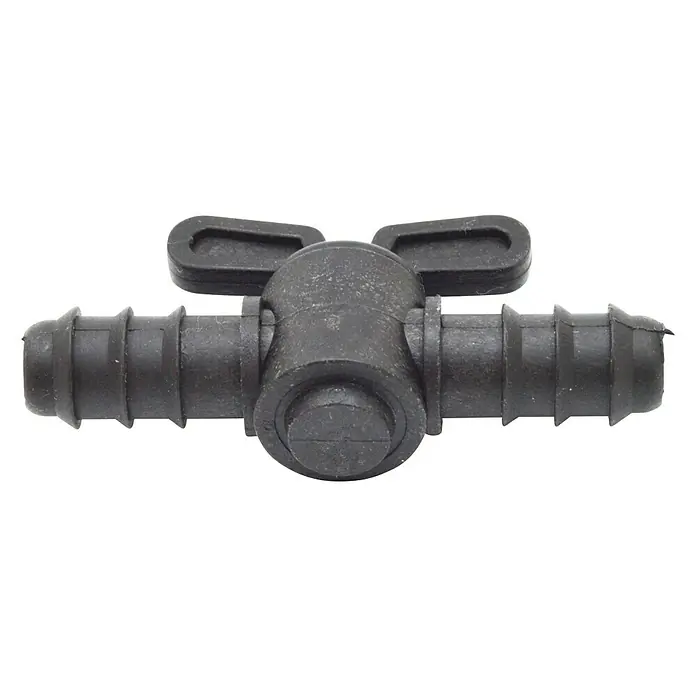 Llave de paso goteo - Diámetro conexión: 16 mm - Conector de manguera negro con válvula de cierre. Se utiliza para controlar el flujo en sistemas de riego y otras aplicaciones.