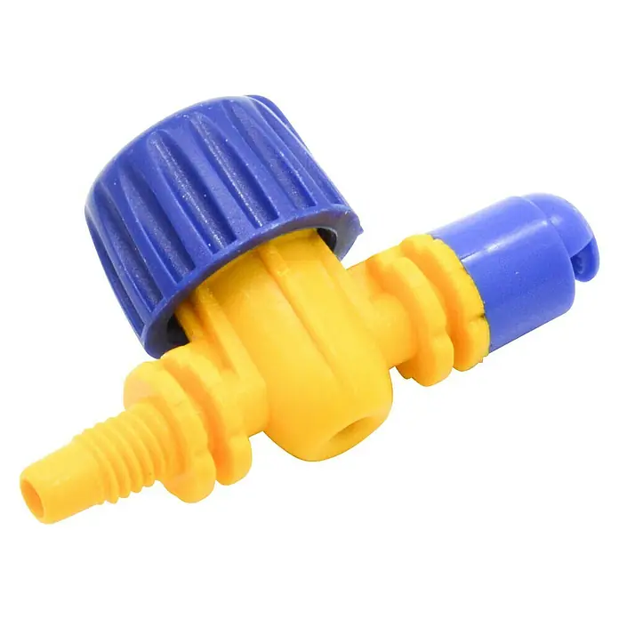 Tobera pulverizadora microdifusora 180º L/H 77 - 3 ud., Formas de riego: 180° - Primer plano de una válvula de cierre de plástico amarilla y azul, utilizada para acuarios o sistemas de riego.