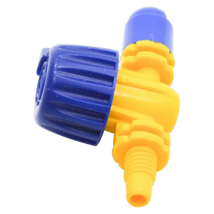 Tobera pulverizadora microdifusora 180º L/H 77 - 3 ud., Formas de riego: 180° - Conector de manguera amarillo y azul con accesorios acanalados para una fácil instalación y una conexión segura de la manguera.