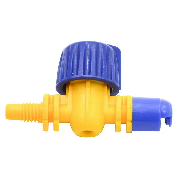 Tobera pulverizadora microdifusora 180º L/H 77 - 3 ud., Formas de riego: 180° - Primer plano de una válvula de cierre de plástico amarilla y azul con conexión roscada para diversas aplicaciones.