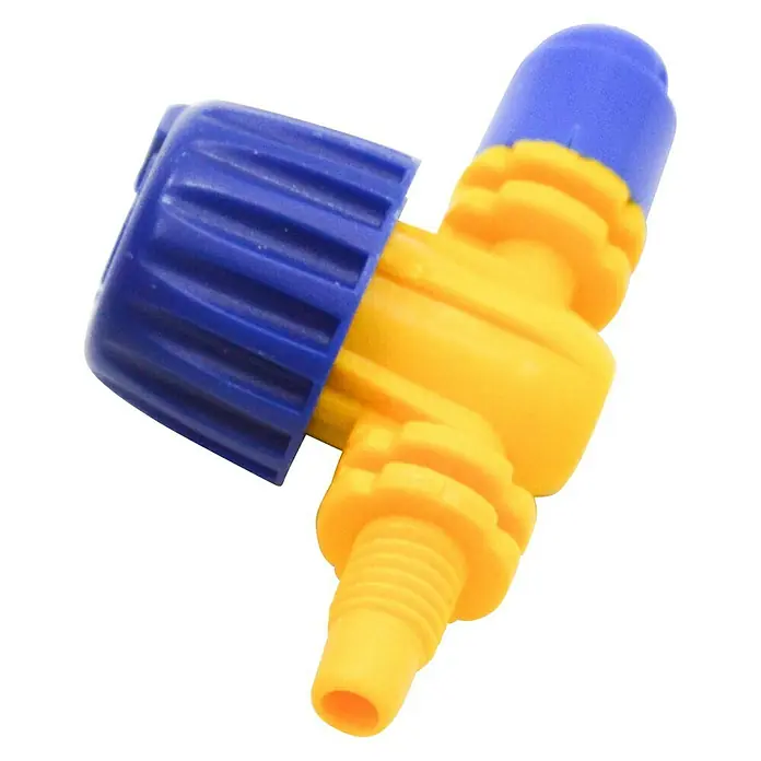 Tobera pulverizadora microdifusora 180º L/H 77 - 3 ud., Formas de riego: 180° - Primer plano de una válvula amarilla y azul. Un dispositivo útil para controlar el flujo en diversas aplicaciones.