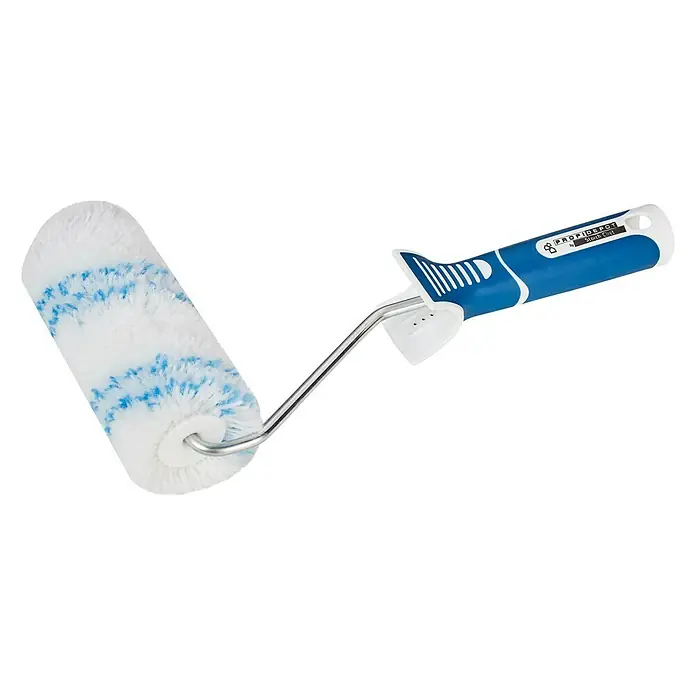 Profi Depot by Storch-Ciret Farbroller K30 LoTex - Breite Walze: 12 cm, Bügelstärke: 6 mm, Florhöhe: 18 mm - Ein weißer Farbroller mit blauen Streifen und einem blauen Griff, ideal für präzise Anstriche und DIY-Projekte.
