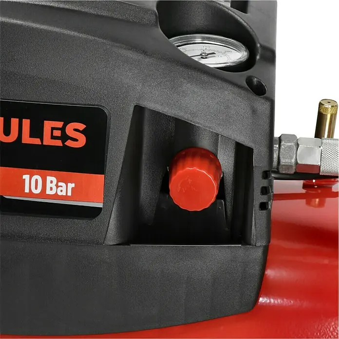 Herkules Kompressor 200/10/24 - 1.100 W, Max. Druck: 10 bar, 24 l, Schmierung: Ohne - Nahaufnahme eines Hercules 10 Bar Luftkompressors mit rotem Einstellknopf und Manometer.