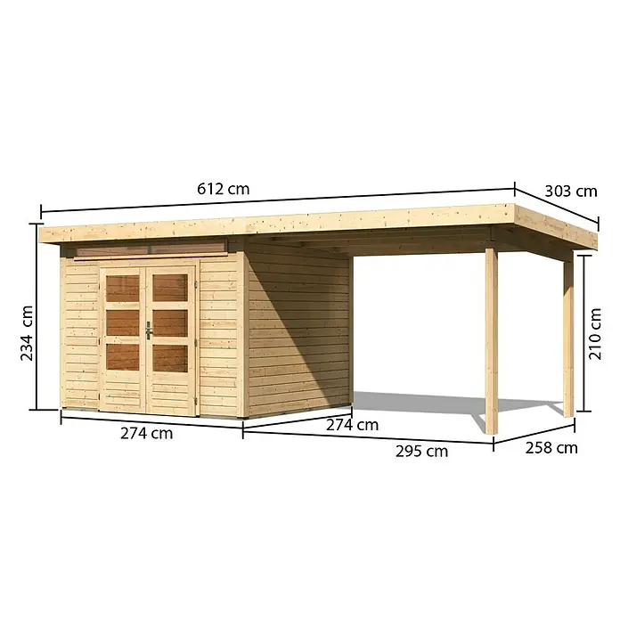 Karibu Gartenhaus Kandern 6 - Außenmaß inkl. Dachüberstand (B x T): 612 x 303 cm, Holz, Natur - Abbildung eines Holzgartenschuppens mit Carport und Maßangaben zu Länge, Höhe und Breite für eine detaillierte Produktansicht.