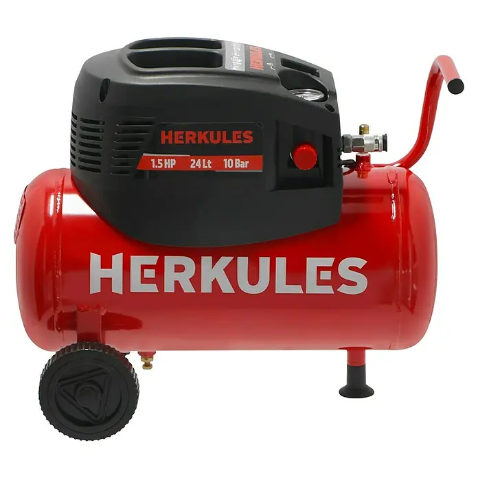 Herkules Kompressor 200/10/24 - 1.100 W, Max. Druck: 10 bar, 24 l, Schmierung: Ohne - Ein roter Herkules-Kompressor mit 1,5 PS, 24 Litern und 10 Bar für vielfältige Anwendungen in Werkstatt und Garage.
