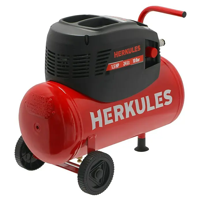 Herkules Kompressor 200/10/24 - 1.100 W, Max. Druck: 10 bar, 24 l, Schmierung: Ohne - Roter Herkules-Kompressor mit schwarzem Motorblock und Griff für Mobilität.
