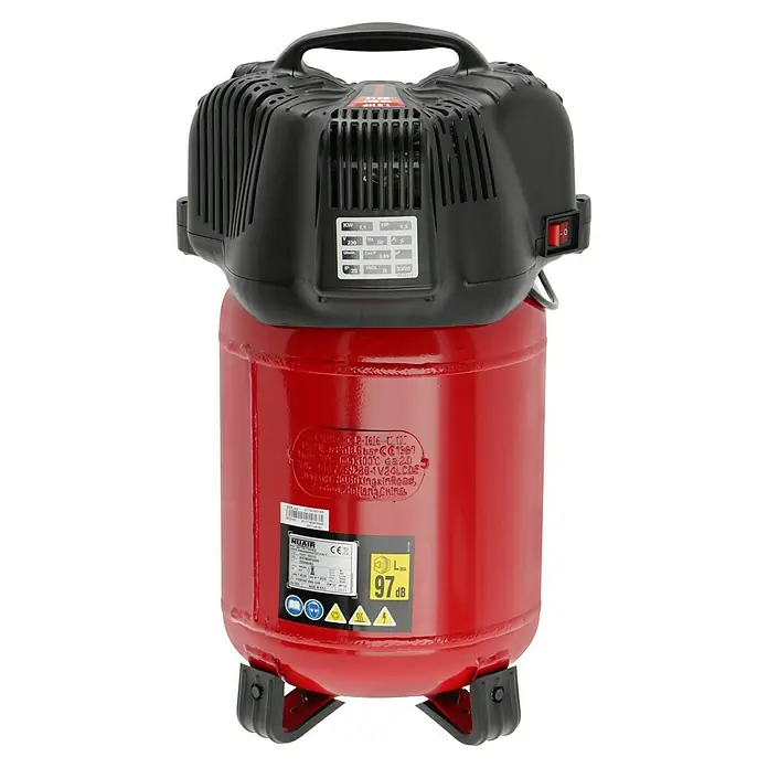 Herkules Compresor Twenty + Kit - 1.100 W, Presión máx.: 10 bar, 24 l, Lubricación: Sin - Un primer plano de un compresor de aire Nuair rojo con un bloque de motor negro y asa de transporte. El dispositivo se apoya sobre pequeños pies de goma.