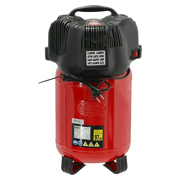 Herkules Kompressor Twenty + Kit - 1.100 W, Max. Druck: 10 bar, 24 l, Schmierung: Ohne - Hier ist ein roter NUAIR-Kompressor mit einem schwarzen Motoraufsatz und gut sichtbaren technischen Details auf den Etiketten.