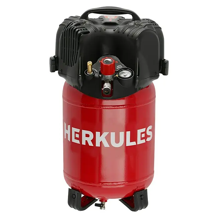 Herkules Kompressor Twenty + Kit - 1.100 W, Max. Druck: 10 bar, 24 l, Schmierung: Ohne - Roter Herkules-Luftkompressor mit schwarzem Oberteil und gut sichtbarer Druckanzeige für einfache Bedienung.