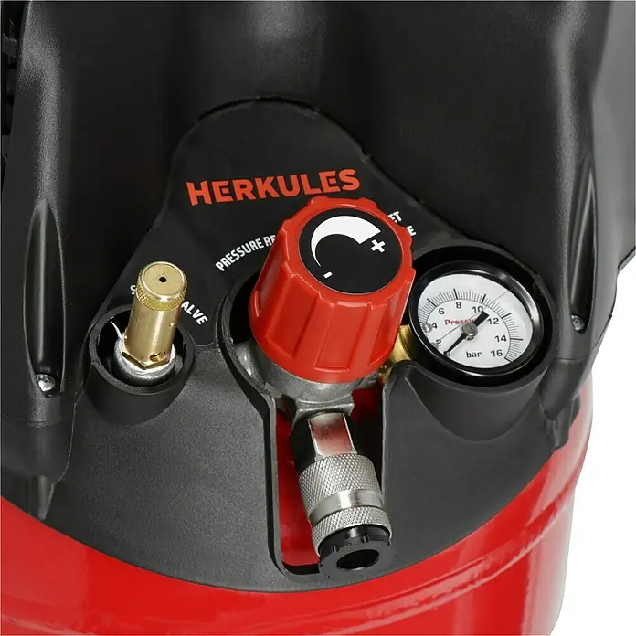 Herkules Kompressor Twenty + Kit - 1.100 W, Max. Druck: 10 bar, 24 l, Schmierung: Ohne - Nahaufnahme der Bedienelemente eines Herkules-Luftkompressors, einschließlich Manometer, Druckregler und Entlastungsventil.