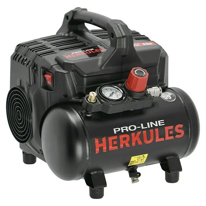 Herkules Pro-Line Flüsterkompressor Siltek+ - Max. Druck: 8 bar, 6 l - Ein kompakter, schwarzer Pro-Line Herkules Luftkompressor mit rotem Einstellknopf und Manometer. Praktisch für Werkstatt und unterwegs.