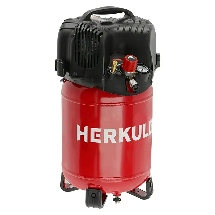 Herkules Compresor Twenty + Kit - 1.100 W, Presión máx.: 10 bar, 24 l, Lubricación: Sin - Un compresor de aire Herkules rojo con una parte superior negra sobre un fondo negro. Ideal para talleres y aficionados.