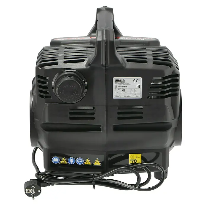 Herkules Pro-Line Flüsterkompressor Siltek+ - Max. Druck: 8 bar, 6 l - Rückansicht eines schwarzen NU-AIR-Luftkompressors mit Tragegriff, Einstellknopf und Warnschildern. Stromkabel sichtbar.