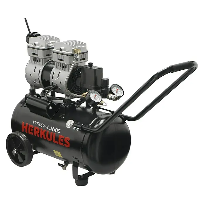 Herkules Pro-Line Kompressor Siltek 24 - 1.000 W, Max. Druck: 8 bar, 24 l - Abbildung eines schwarzen Herkules Pro-Line Kompressors mit zwei Zylindern und Manometern, ideal für Werkstattarbeiten.
