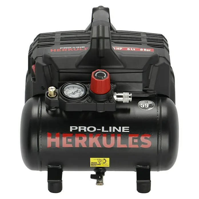 Herkules Pro-Line Flüsterkompressor Siltek+ - Max. Druck: 8 bar, 6 l - Nahaufnahme eines tragbaren, schwarzen Herkules Pro-Line Luftkompressors, ideal für verschiedene Anwendungen.