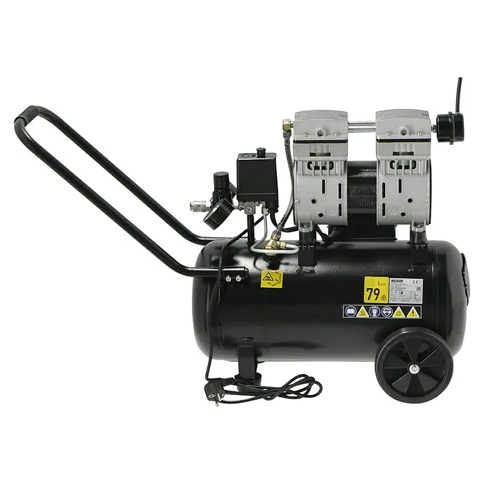 Herkules Pro-Line Compresor Siltek 24 - 1.000 W, Presión máx.: 8 bar, 24 l - Un compresor de aire negro con ruedas, pistones plateados y mango negro. La unidad tiene dos ruedas para facilitar su transporte.