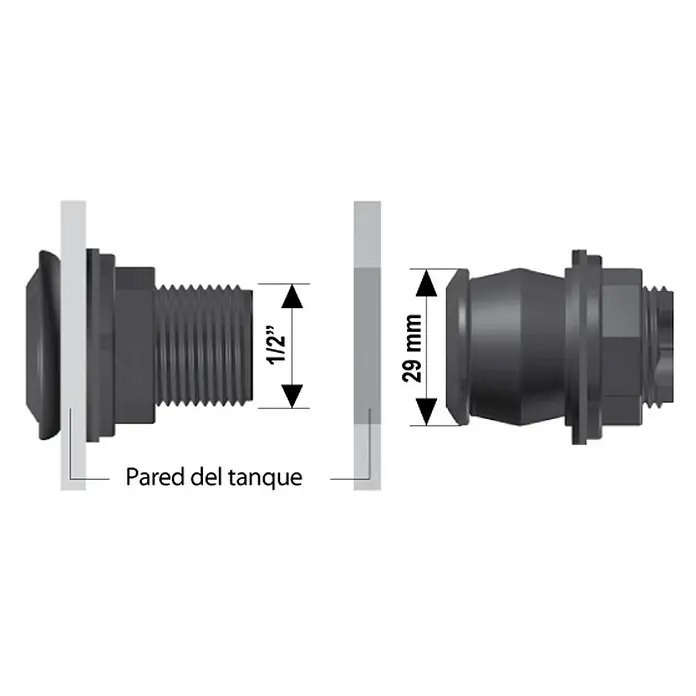 Conexión para depósito Rápido - ½″, Polietileno - Ilustración de un accesorio de tanque con dimensiones de 1/2" y 29 mm, destacando la instalación y compatibilidad del producto.