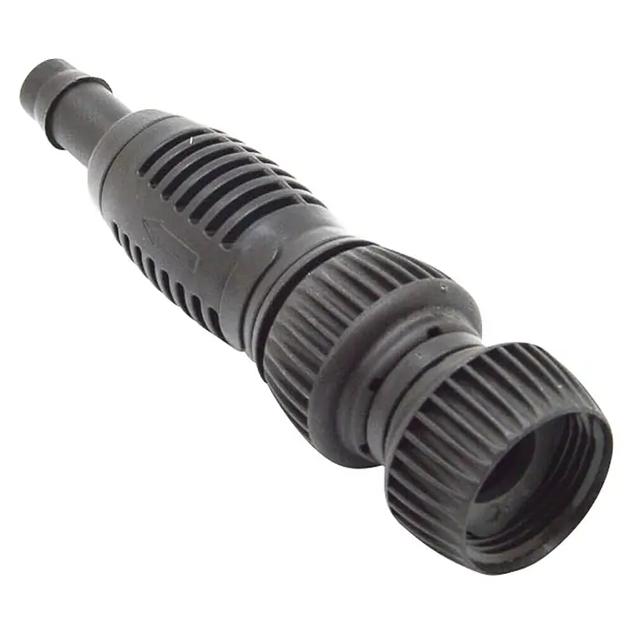 Conexión de grifo universal - ¾″ x 15/16 mm, Plástico - Conector de grifo de plástico negro con diseño acanalado y dirección de flecha, ideal para mangueras de jardín y sistemas de riego.
