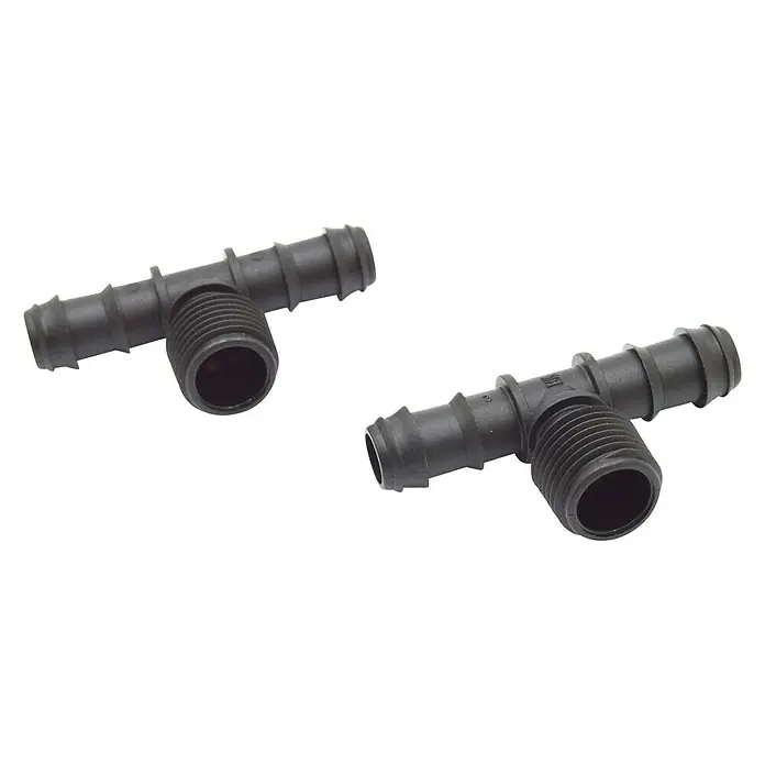 Pieza T Goteo - Rosca exterior: ½″, Plástico, 4 ud. - Dos conectores negros en forma de T con extremos acanalados y puerto roscado, para conexiones de mangueras en fontanería.